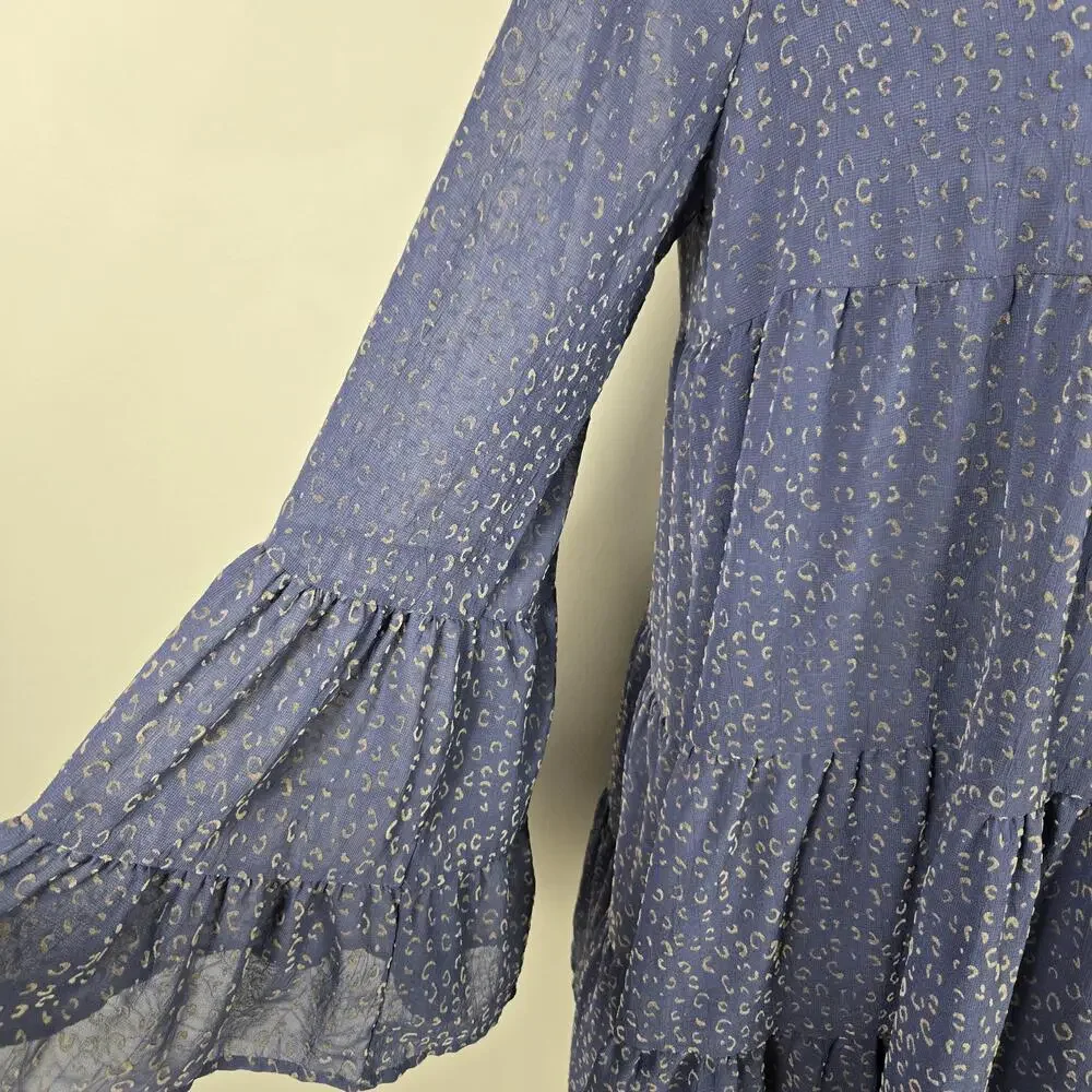 Altar'd State Dress Womens Large Blue Animal Print Bell Sleeve Tiered Trapeze